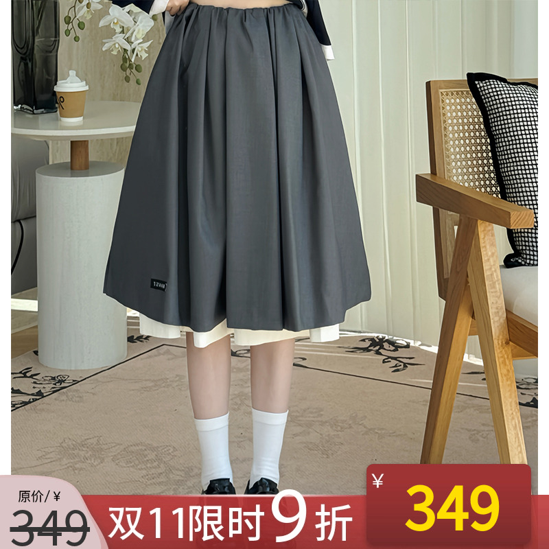 撞色压褶半身A字裙学院风减龄