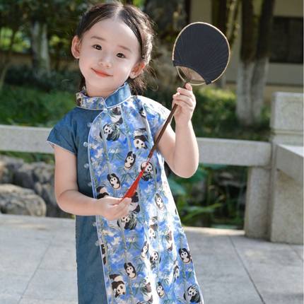 新中式女童熊猫短袖旗袍裙24夏款儿童改良汉服女宝宝中国风连衣裙