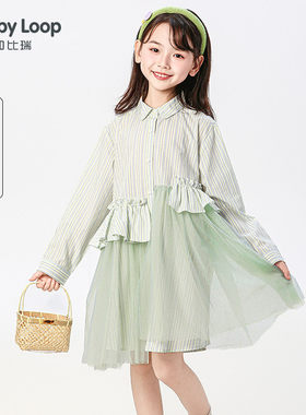 加比瑞童装 春季新品 女童简约休闲舒适宽松长袖连衣裙中大童裙子