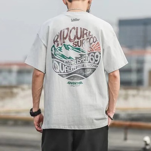 重磅纯棉后背短袖T恤男夏季新款韩版潮流宽松百搭做旧情侣五分袖