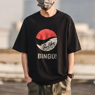 重磅纯棉短袖T恤男 青年2023夏季日系宽松上衣休闲潮流印花男装潮