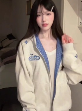 美式复古格子拼接字母刺绣开衫连帽卫衣男女2025新款潮牌情侣外套