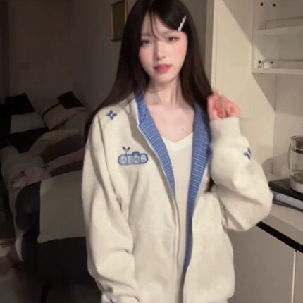 美式复古格子拼接字母刺绣开衫连帽卫衣男女2025新款潮牌情侣外套