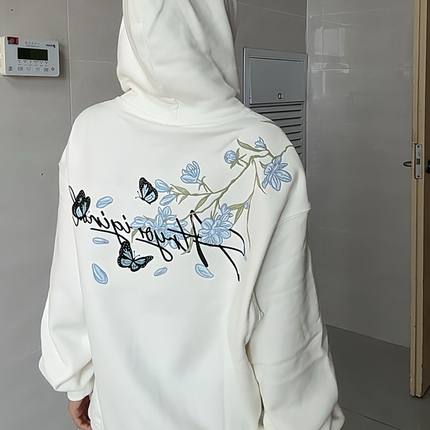 美式复古花卉蝴蝶刺绣连帽卫衣男女纯棉宽松小众设计感情侣款上衣