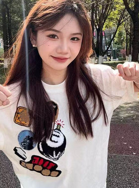 原创美式高街字母刺绣纯棉短袖t恤女2025夏季新款宽松情侣上衣潮