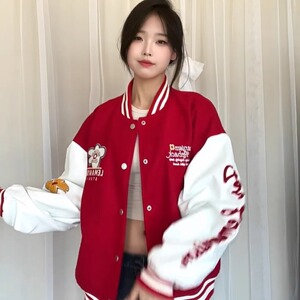 美式国潮花朵刺绣棒球服外套男女2025秋冬撞色设计感情侣夹克上衣