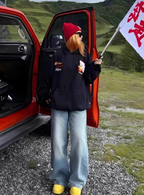 美式复古心情小狗魔术贴连帽卫衣男女纯棉宽松设计感情侣款外套潮