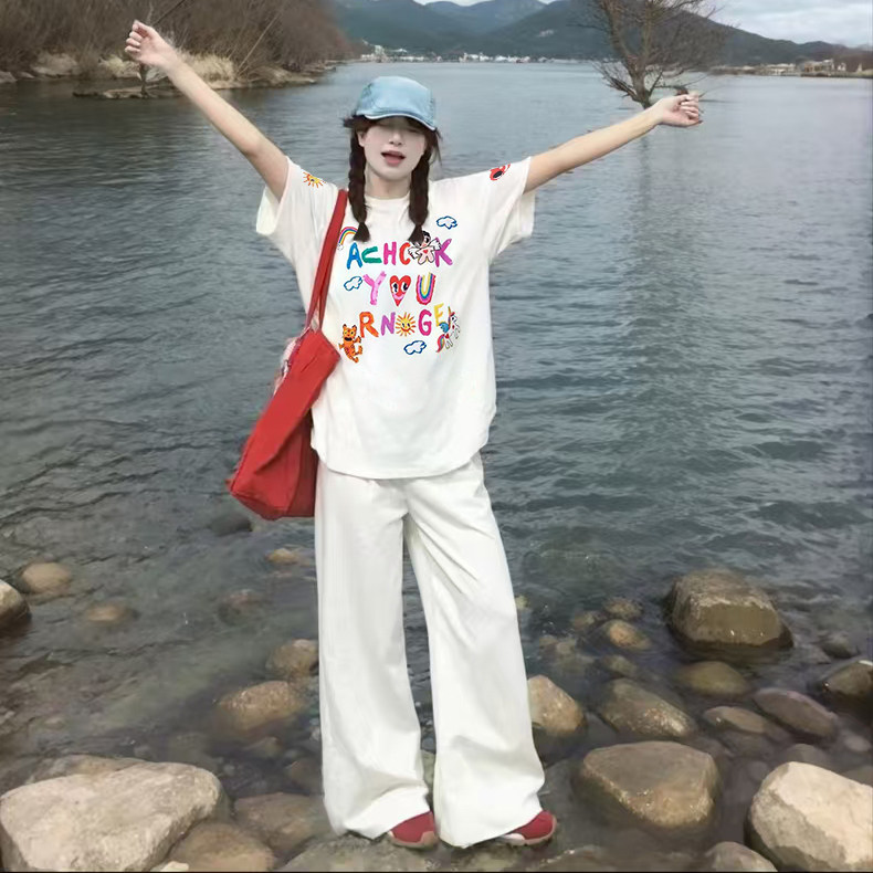 重磅纯棉创意童趣印花短袖t恤男女美式潮牌宽松复古彩虹情侣上衣