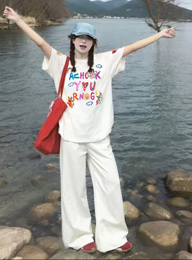 重磅纯棉创意童趣印花短袖t恤男女美式潮牌宽松复古彩虹情侣上衣