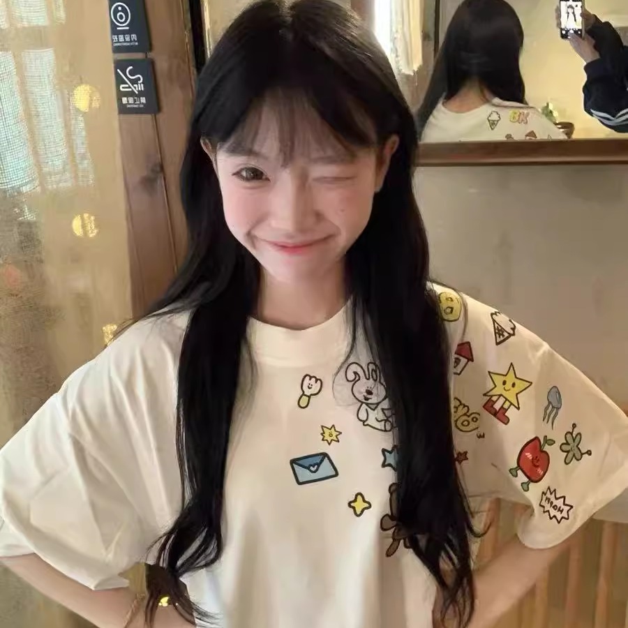 重磅纯棉趣味卡通印花短袖t恤男女宽松设计感情侣款白色正肩上衣