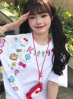 原创美式涂鸦helloKitty猫印花短袖t恤女纯棉宽松小众别致上衣潮