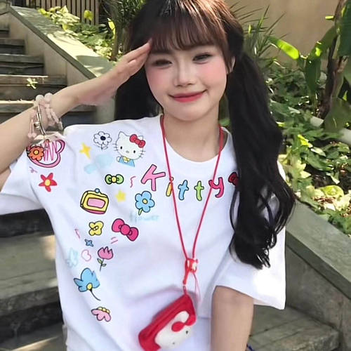 涂鸦helloKitty猫印花短袖t恤女