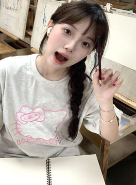 美式复古甜美刺绣蕾丝helloKitty凯蒂猫短袖T恤女宽松纯棉上衣潮