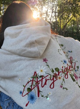 美式高街花卉刺绣连帽卫衣男女纯棉宽松小众设计感秋冬情侣款帽衫