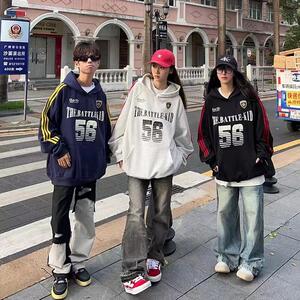 美式复古三条杠运动球衣风连帽卫衣男女纯棉宽松国潮情侣上衣外套