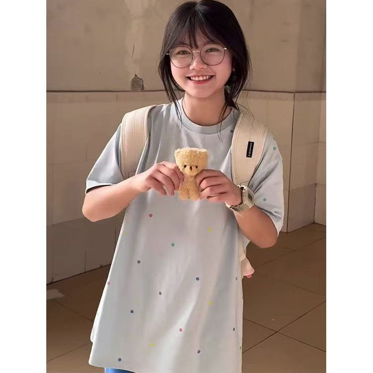 原创可爱波点可拆卸小熊短袖t恤男女夏季宽松纯棉小众情侣上衣潮