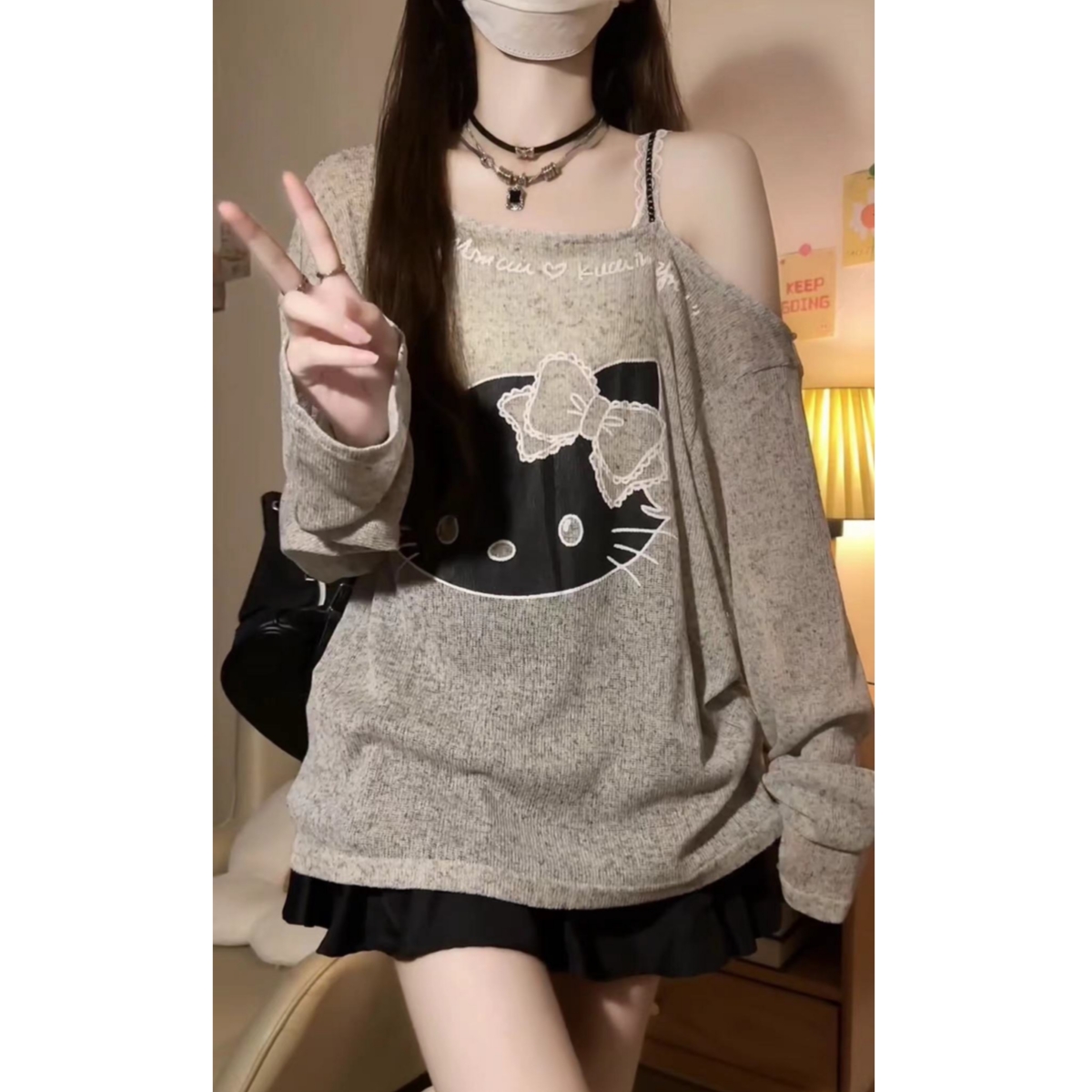 美式复古kitty猫露肩防晒罩衫薄纱T恤女夏季慵懒风防紫外线上衣潮