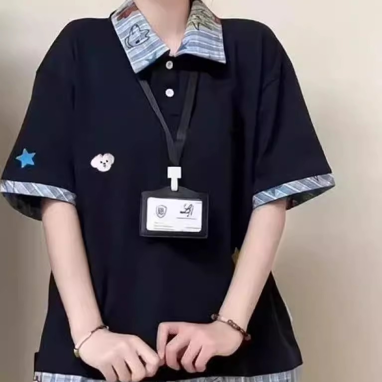 日系学院风刺绣小狗Polo领短袖t恤男女纯棉宽松假两件情侣上衣潮