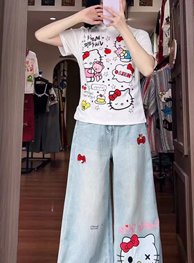 甜辣风HelloKitty正肩短袖t恤女夏季新款辣妹修身显瘦白色上衣ins