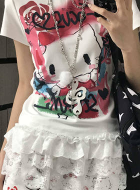 美式辣妹涂鸦helloKitty正肩短袖t恤女夏季修身显瘦甜辣风上衣潮