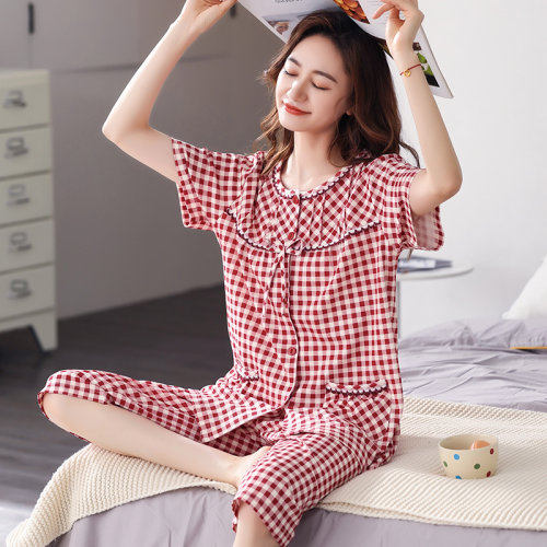 睡衣女纯棉夏季薄款开衫格子