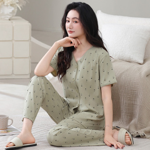 短袖 薄款 长裤 2026年新款 凉感妈妈家居服 套装 莱卡纯棉睡衣女士夏季