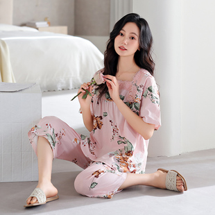 纯棉短袖 2025年新款 睡衣女夏季 七分裤 夏天薄款 中年妈妈家居服套装