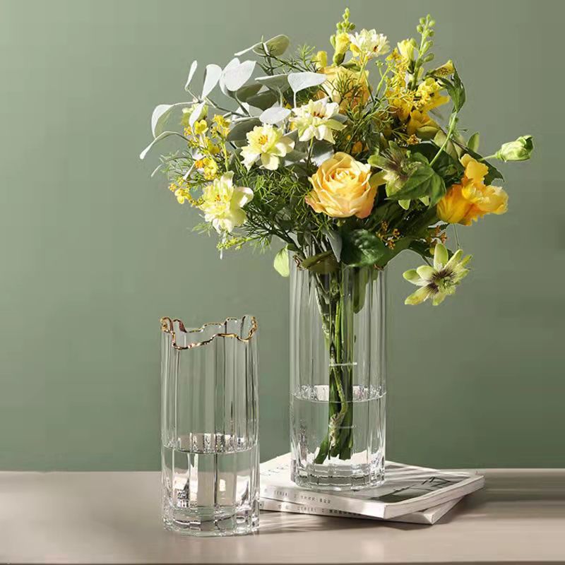 现代简约描金透明直筒玻璃花瓶摆件北欧客厅插花富贵竹水培花器