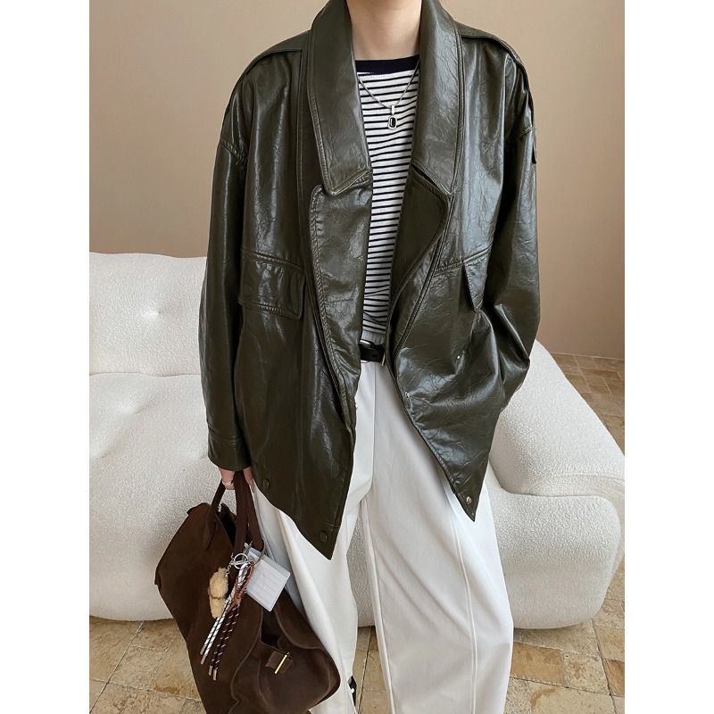 时髦博主腔调 做旧PU皮双层领设计感宽松皮衣外套 SN7956