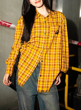 美式黄色格子衬衫女春季新款多巴胺衬衫外套宽松休闲复古情侣