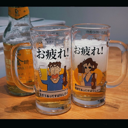 蜡笔小新系列啤酒杯美伢广志情侣杯带把手大容量果汁杯日料店专用