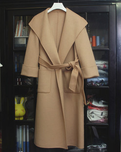 欧洲外贸原单女双面绒大衣手工羊绒大衣女驼色长款腰带浴袍款