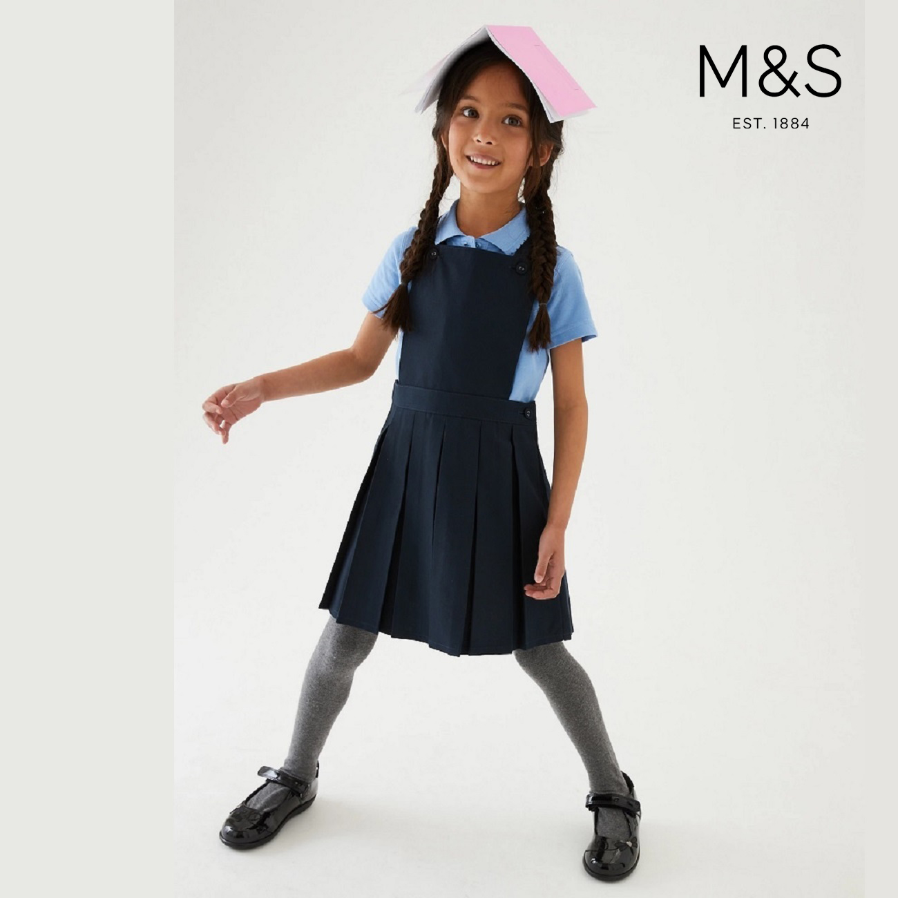 英国童装玛莎夏季m&s马莎女童校服裙百褶学院蓝色儿童背心裙校裙