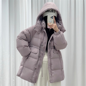 韩版连帽收腰纽扣羽绒服女中长款2024新款冬装白鸭绒外套加厚保暖