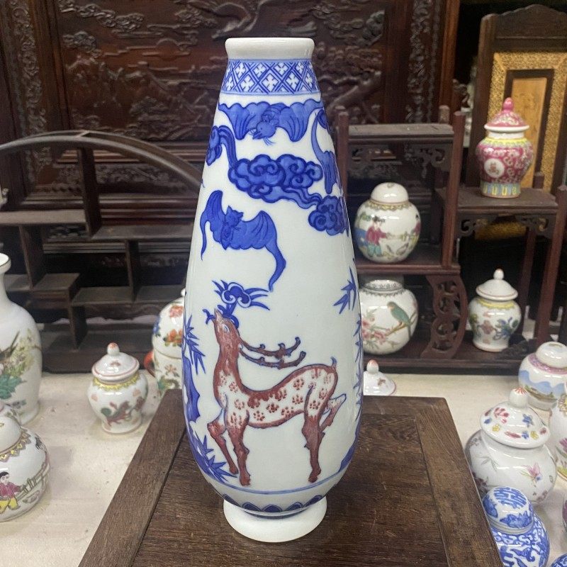 景德镇567建国手绘柴窑青花釉里红老厂瓷桌面花瓶小摆件复古装饰