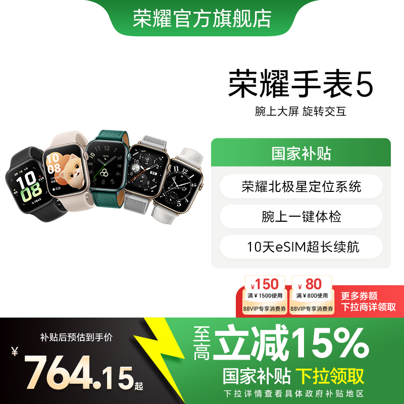 【政府补贴15%】荣耀手表5 智能运动手表 荣耀北极星定位 腕上一键体检 10天eSIM超长续航 手表