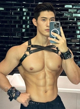 夜店GOGO肌肉男NPC小众角色扮演PU皮项圈锁骨胸带牵引小狗choker