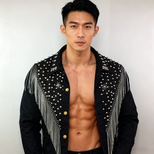 欧美朋克牛仔外套男女短款重工钉珠流苏夹克韩版舞台演出上衣夹克