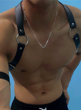 男士黑色皮革绑带背带演出舞台款百搭可调跳舞性感肌肉健身道具