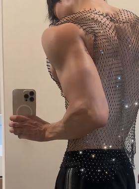 镂空网眼闪钻T 透视夜店性感水钻渔网无袖上衣蹦迪演出背心肌肉男