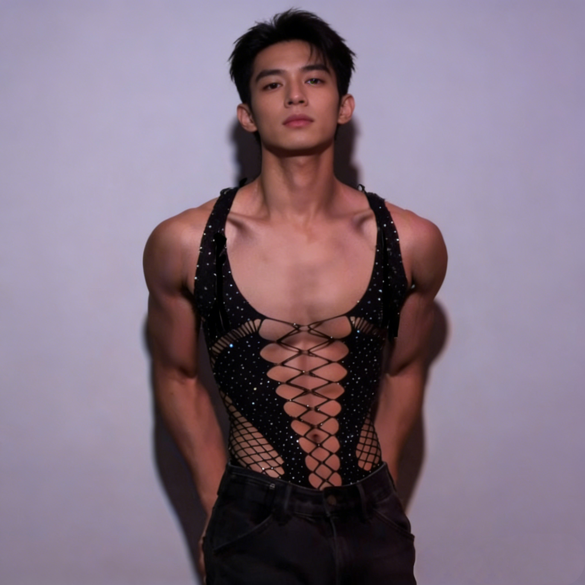 男士闪钻交叉绑带连体背心 渔网拼接性感上衣 夜店辣弟舞台演出服