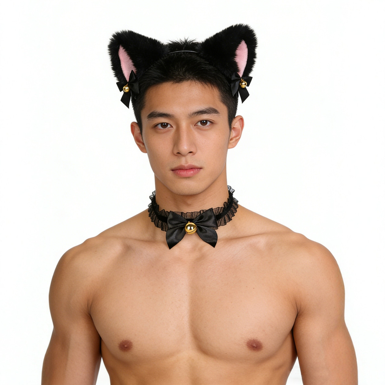 毛绒猫耳朵头箍蝴蝶结铃铛项圈套装成人cosplay聚会装饰后庭尾巴