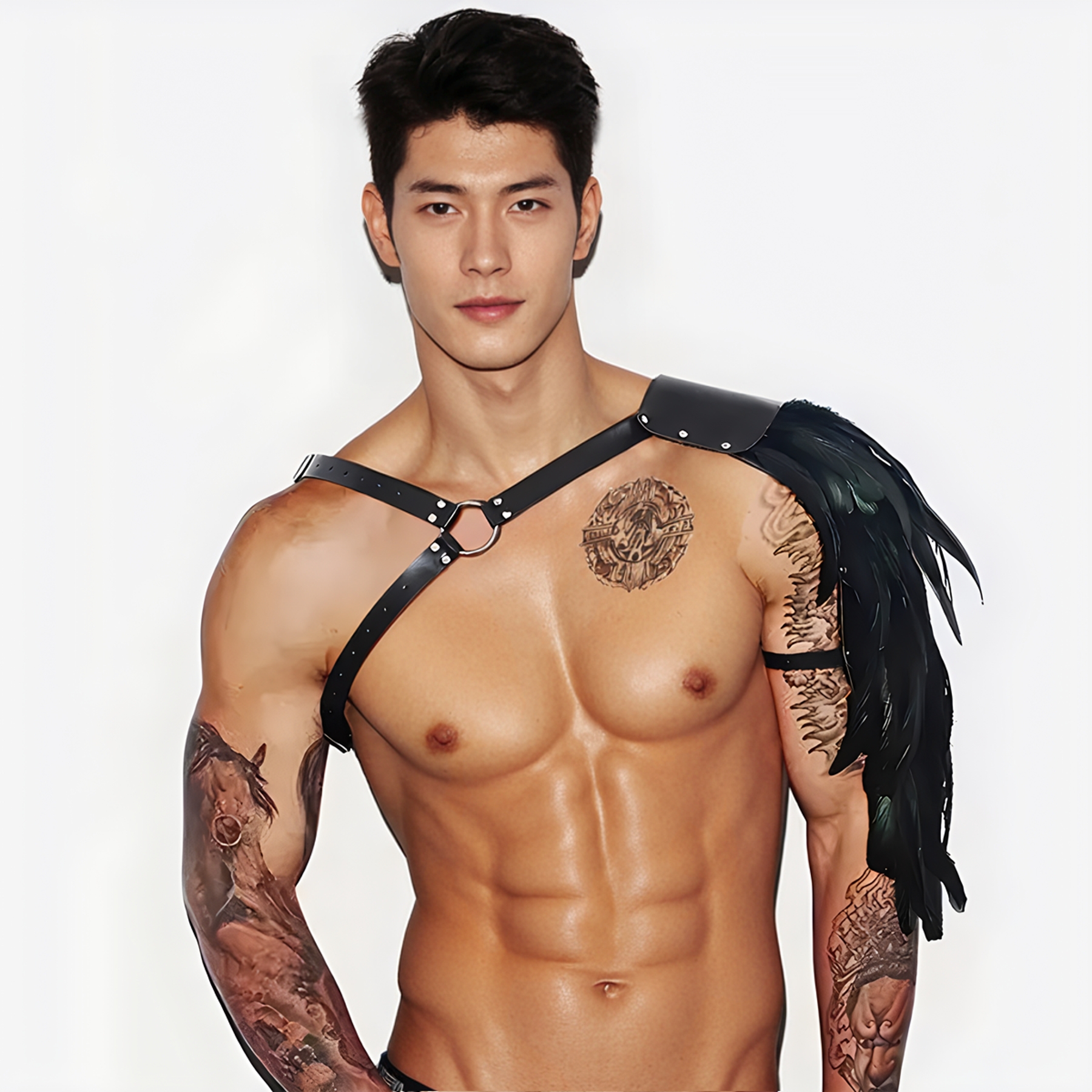 NPC肌肉男夜店舞台演出皮革背带 羽毛装饰中世纪骑士性感束缚衣潮