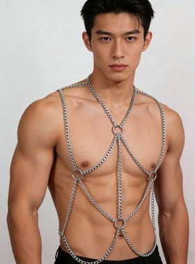 拍照写真夜店舞蹈性感套头运动健身肌肉潮流镂空流苏链条身体链男