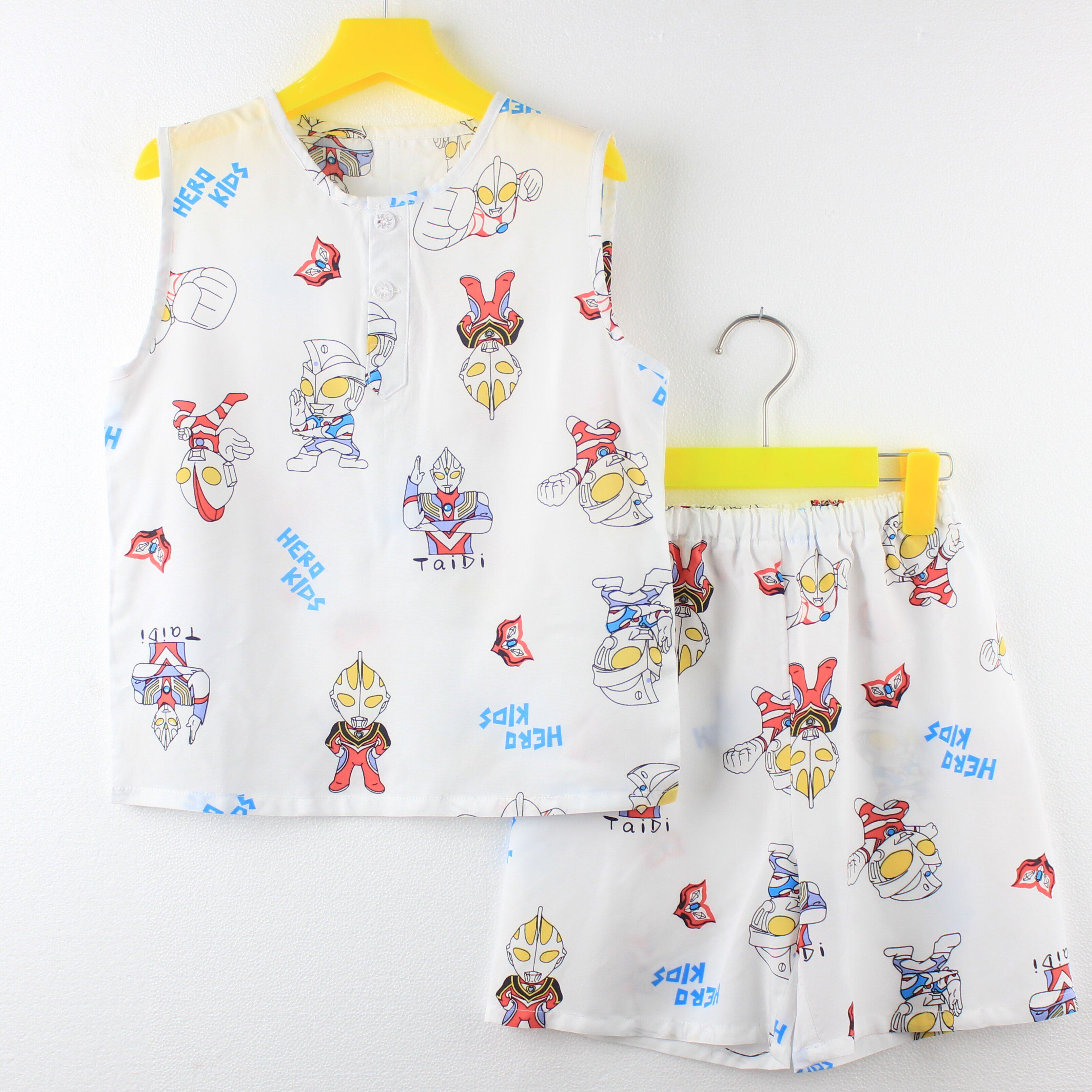 宝宝背心短裤家居服夏季棉绸衣男女孩儿童人造棉大童绵绸套装裁缝