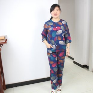 女士棉绸睡衣套装 绵绸中老年开襟 夏人造棉妈妈家居服七分长袖 长裤