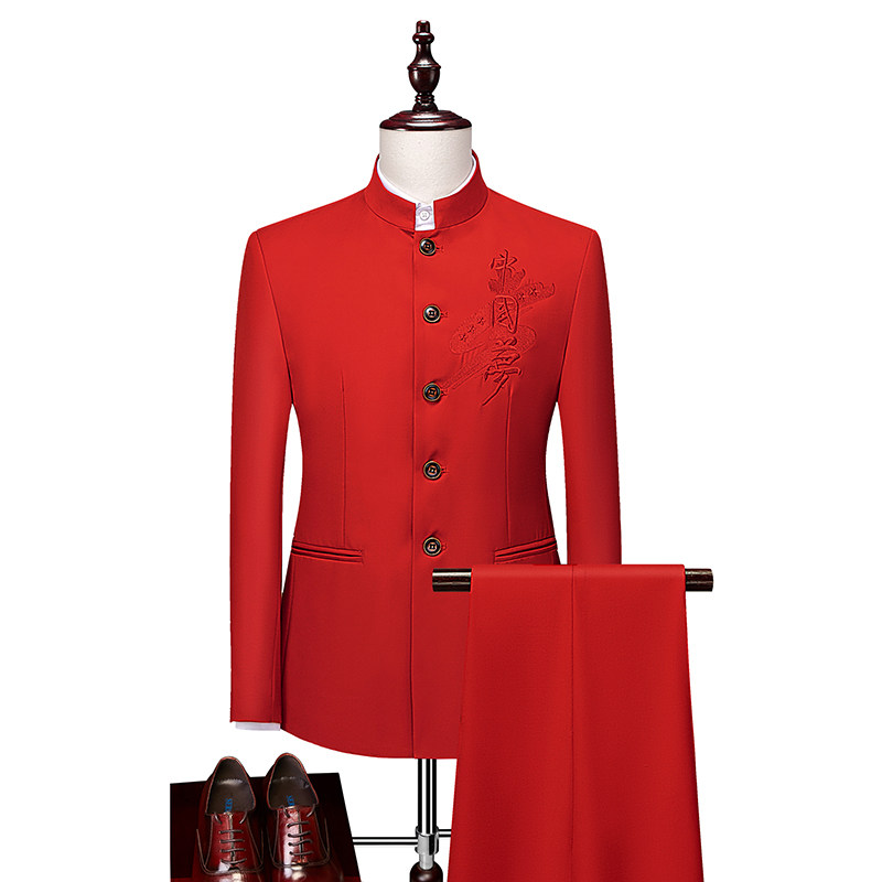 男士商务休闲西装免烫红色西服韩版修身大码中山装青年商务外套潮