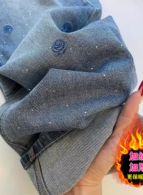 蓝色刺绣烫钻玫瑰牛仔裤女2025新款大码重工水洗高腰显瘦直筒裤