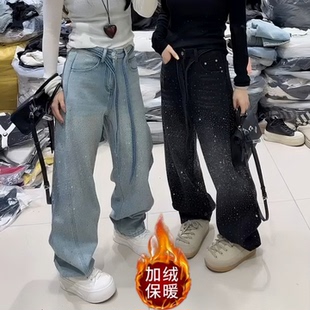 欧货冬季高腰烫钻亮闪弯刀加绒牛仔裤女加厚时尚休闲阔腿长裤潮酷