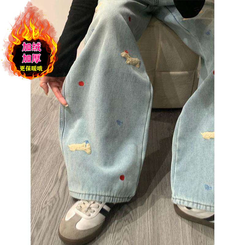 腊肠小狗刺绣直筒牛仔裤女秋冬加绒大码高腰显瘦宽松慵懒风阔腿裤,女装/女士精品,牛仔裤,淘宝优惠券,粉丝福利购,淘宝优惠卷